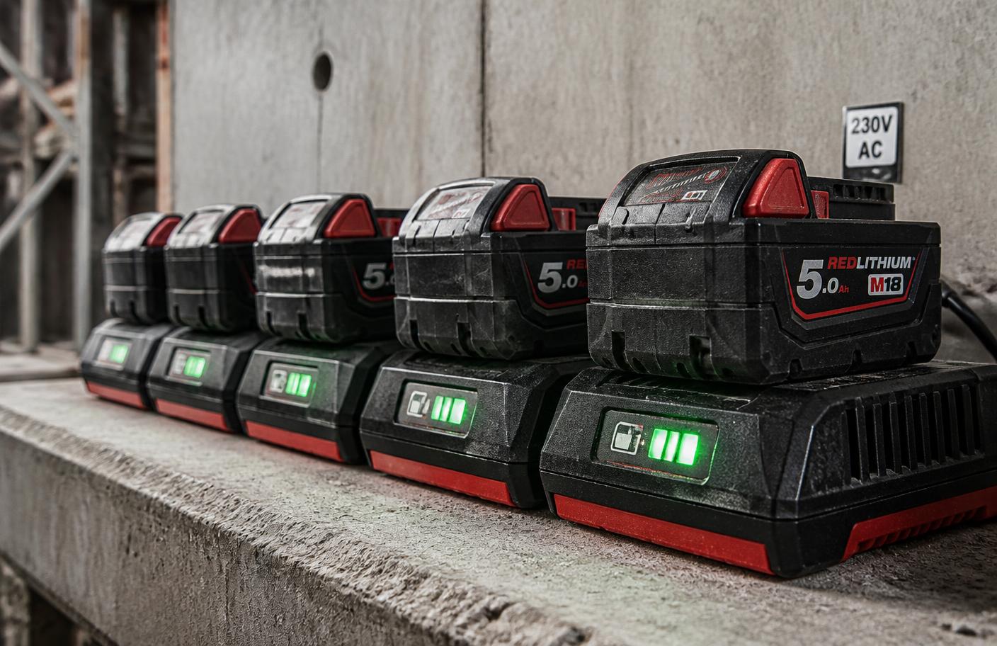 Professional lithium-ion battery packs rotating on jobsite chargers