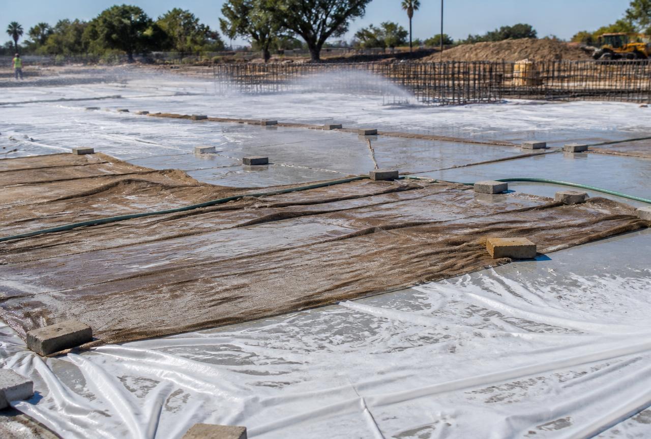 Wet burlap and plastic sheeting curing a fresh concrete slab in hot weather