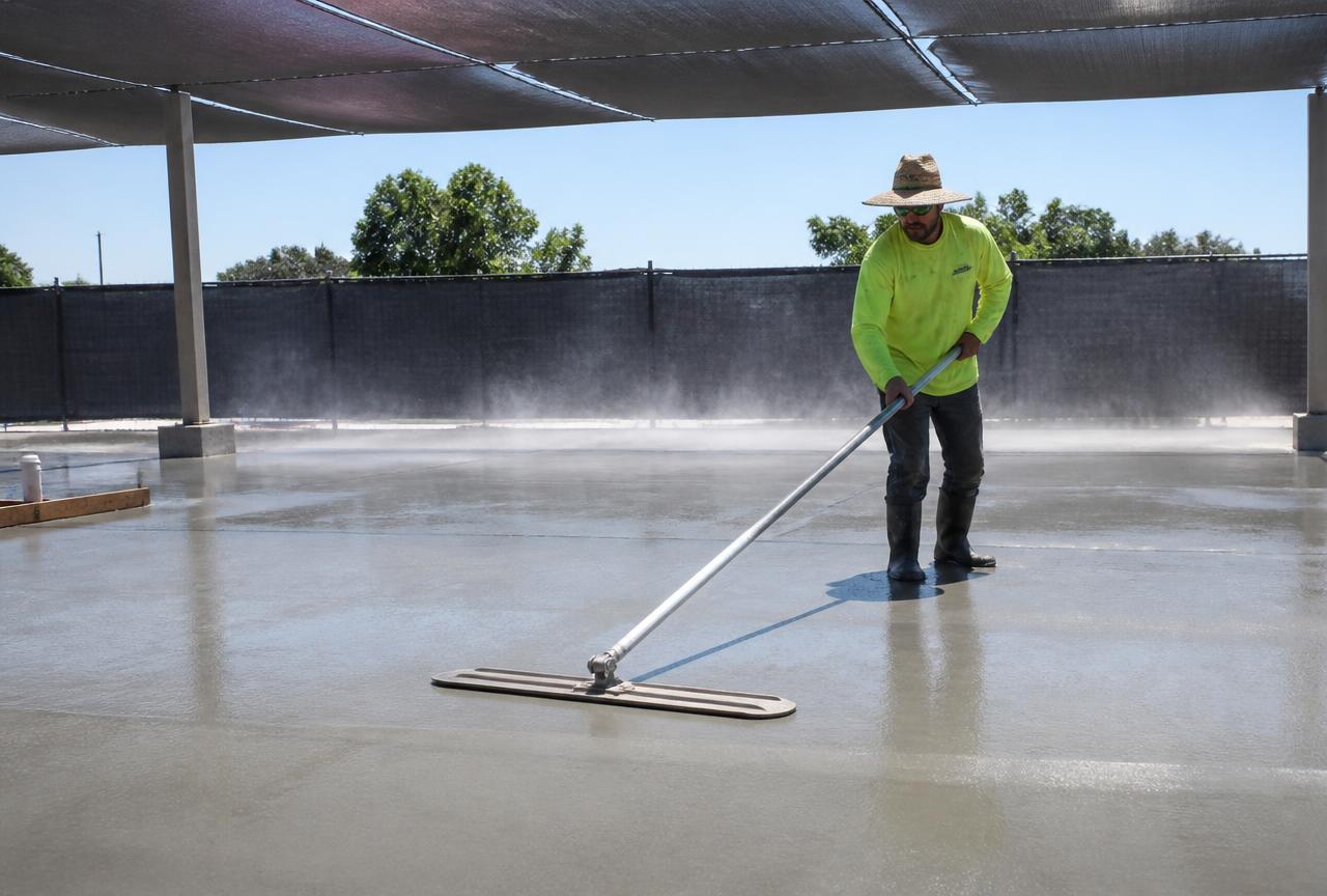 Finisher bull floating a slab under shade with fogging above the surface
